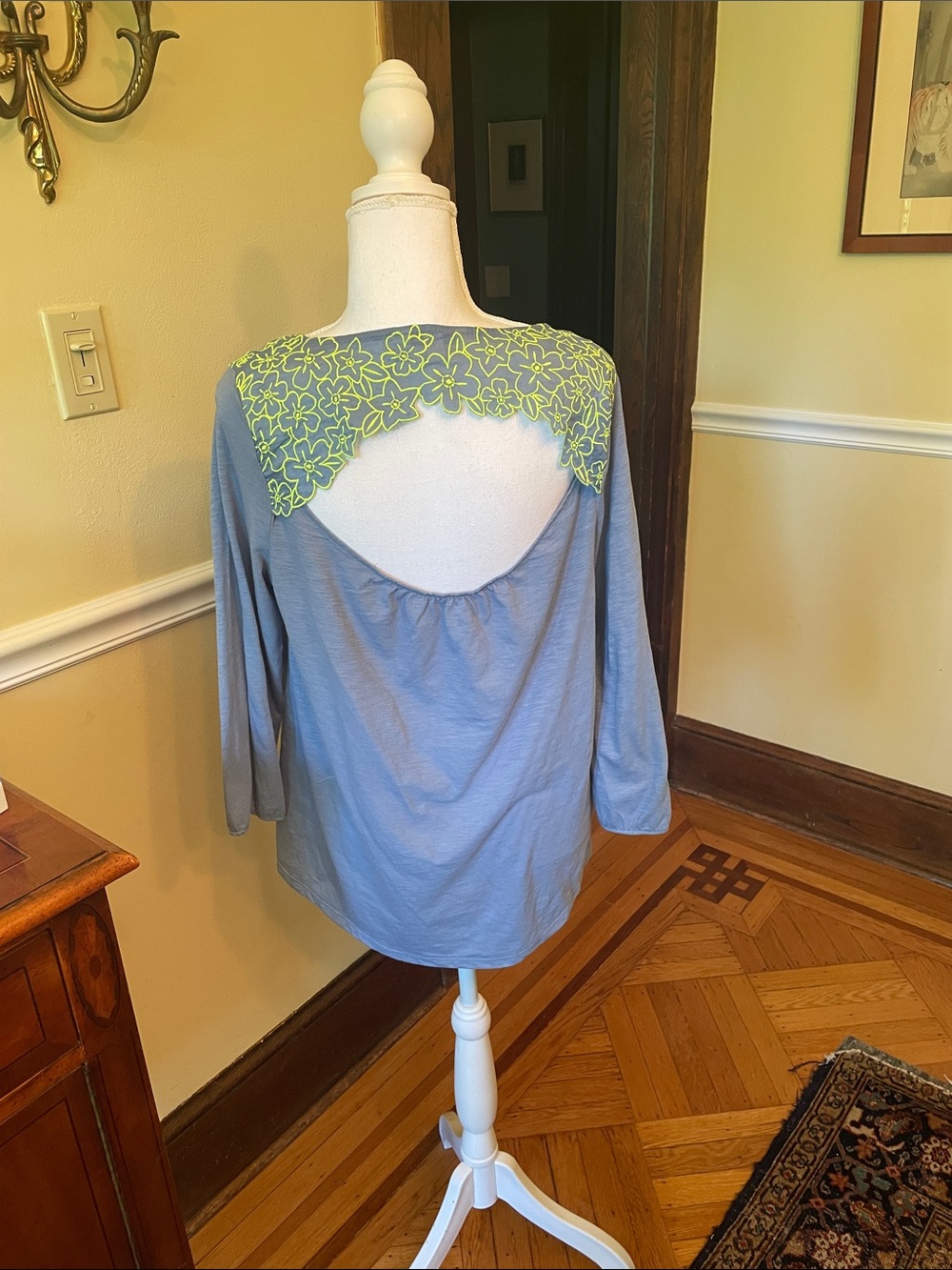 American Eagle Outfitters Light Blue Long Sleeve Top with Lime Floral Lace Back